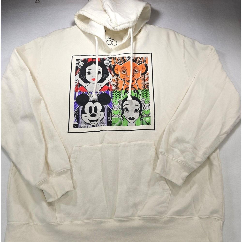 Disney 100 Anniversary Hoodie Ivory Cream Mickey Simba Snow White Tiana 3XL‎